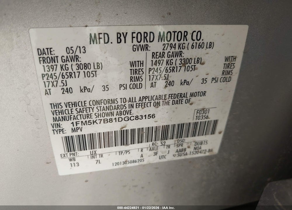 2013 FORD EXPLORER VIN: 1FM5K7B81DGC83156