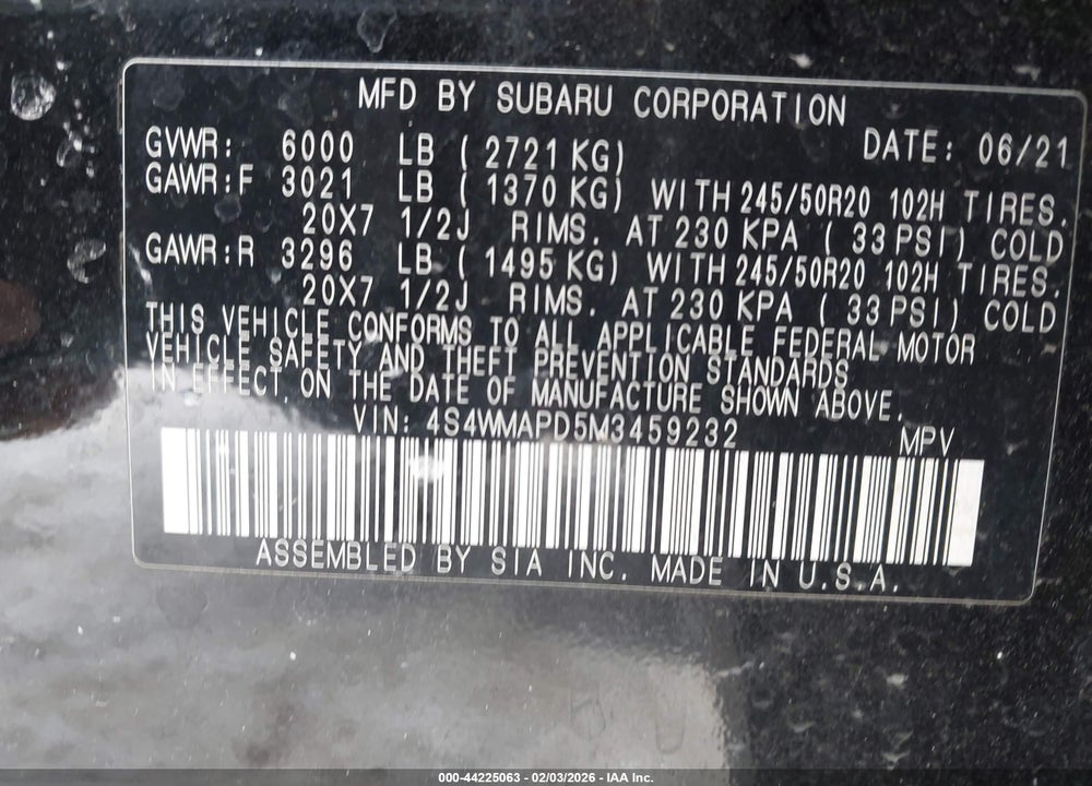2021 SUBARU ASCENT LIMITED VIN: 4S4WMAPD5M3459232