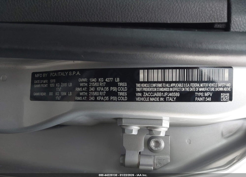 2018 JEEP RENEGADE LATITUDE FWD VIN: ZACCJABB1JPJ46589