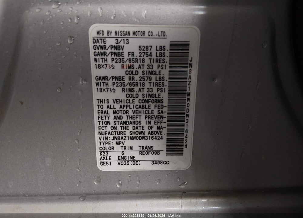 2013 NISSAN MURANO SV VIN: JN8AZ1MW0DW316424