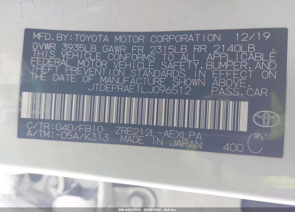 2020 TOYOTA COROLLA LE VIN: JTDEPRAE1LJ096512