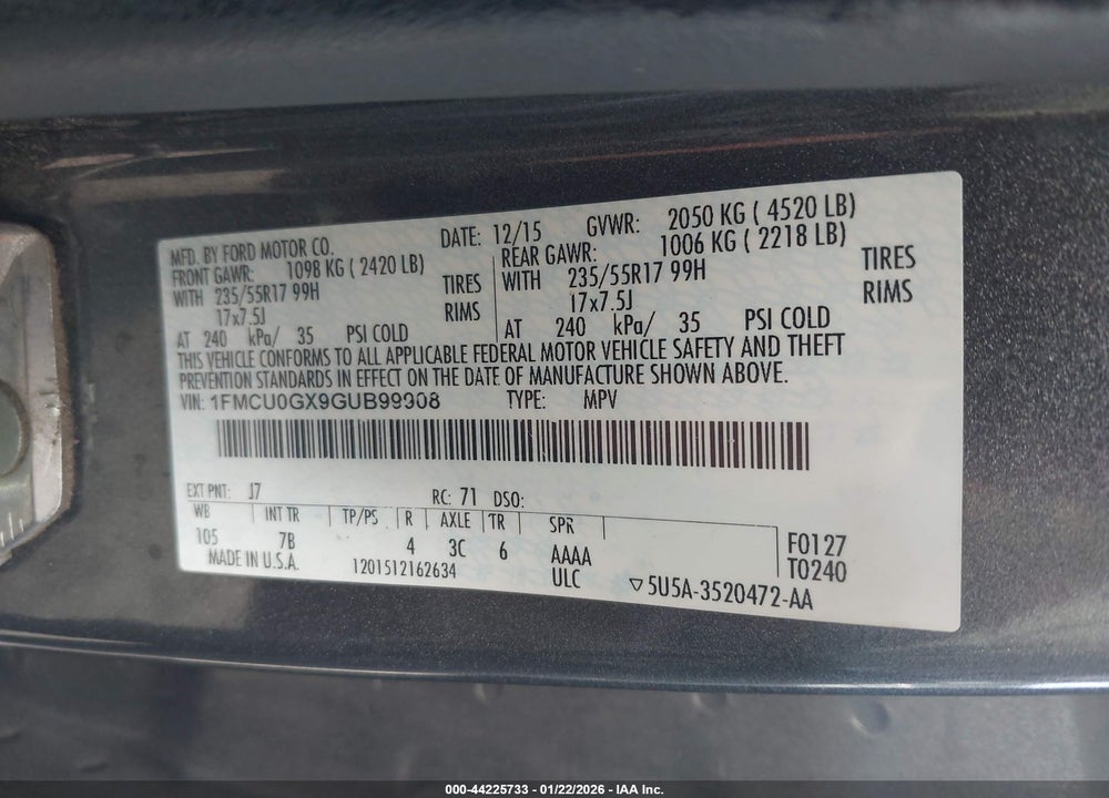 2016 FORD ESCAPE SE VIN: 1FMCU0GX9GUB99908