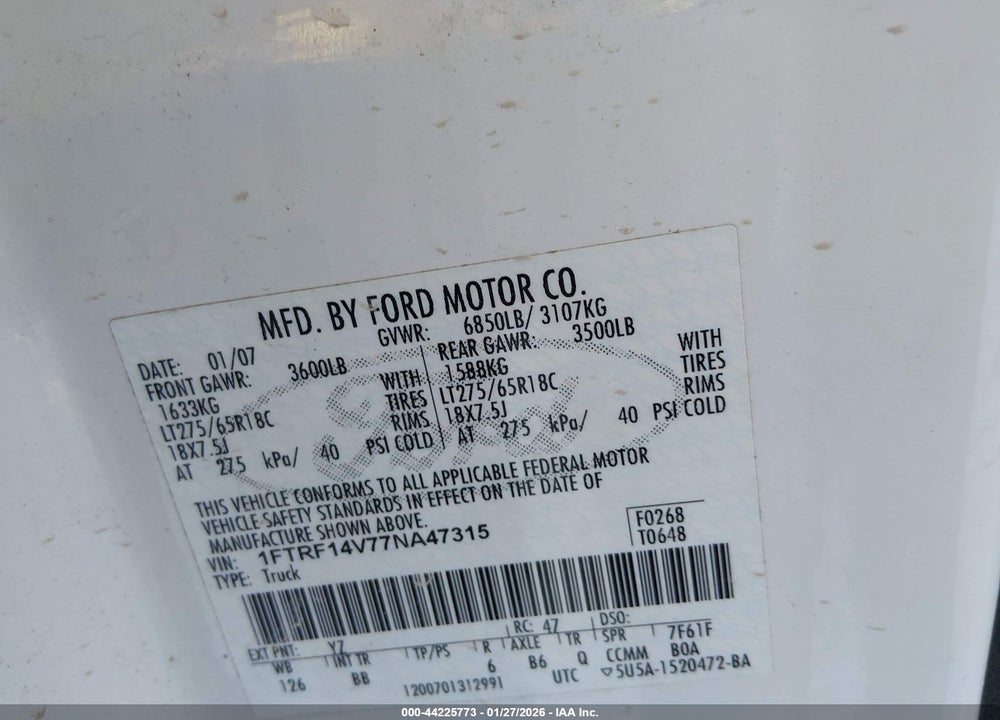 2007 FORD F-150 FX4/XL/XLT VIN: 1FTRF14V77NA47315