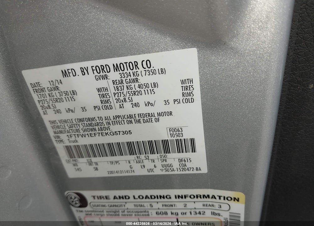 2014 FORD F-150 FX4 VIN: 1FTFW1EF7EKG57305