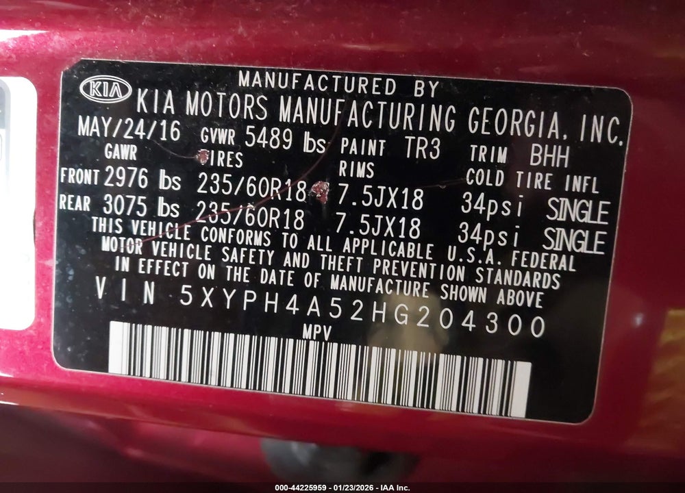 2017 KIA SORENTO 3.3L EX VIN: 5XYPH4A52HG204300