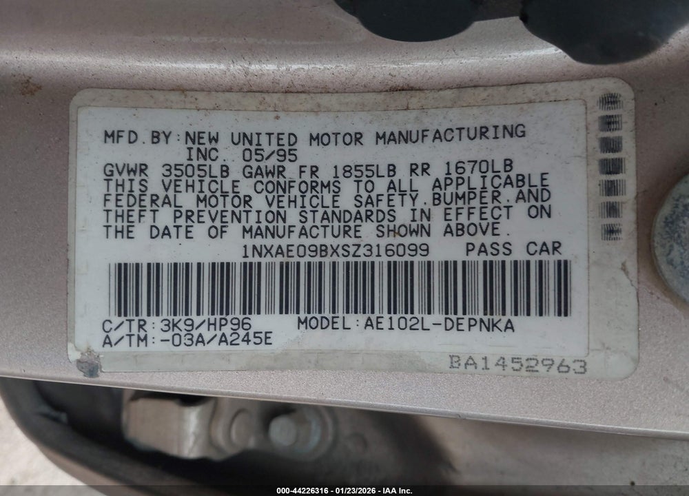 1995 TOYOTA COROLLA LE/DX VIN: 1NXAE09BXSZ316099