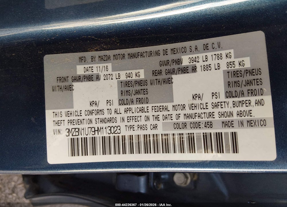 2017 MAZDA 3 SPORT VIN: 3MZBN1U79HM113023