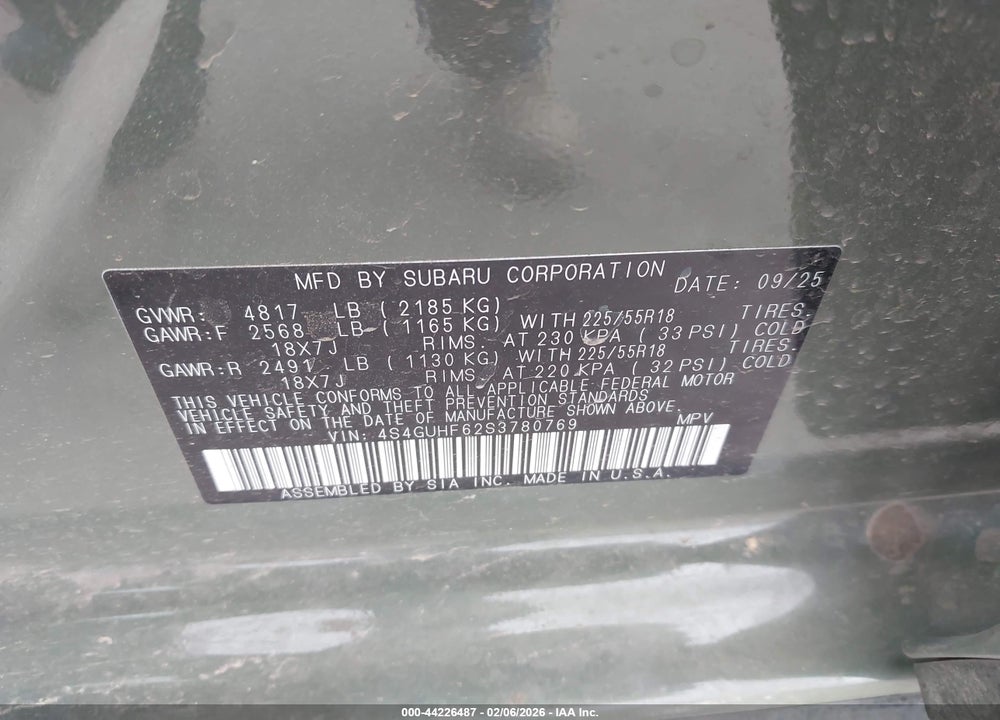 2025 SUBARU CROSSTREK SPORT VIN: 4S4GUHF62S3780769