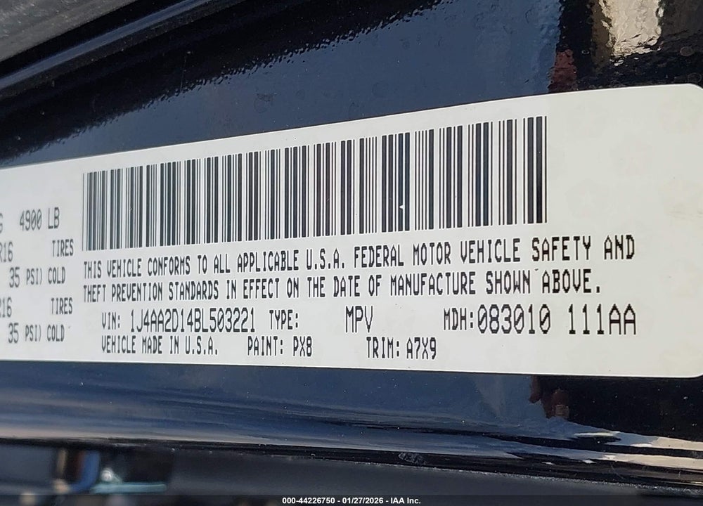 2011 JEEP WRANGLER SPORT VIN: 1J4AA2D14BL503221