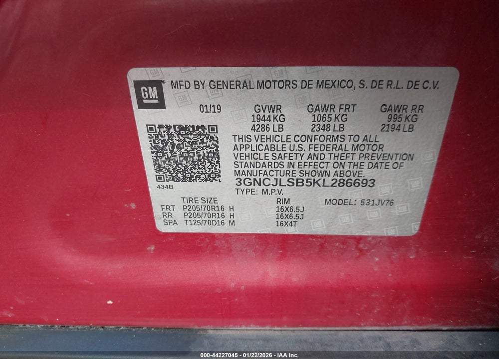 2019 CHEVROLET TRAX LT VIN: 3GNCJLSB5KL286693
