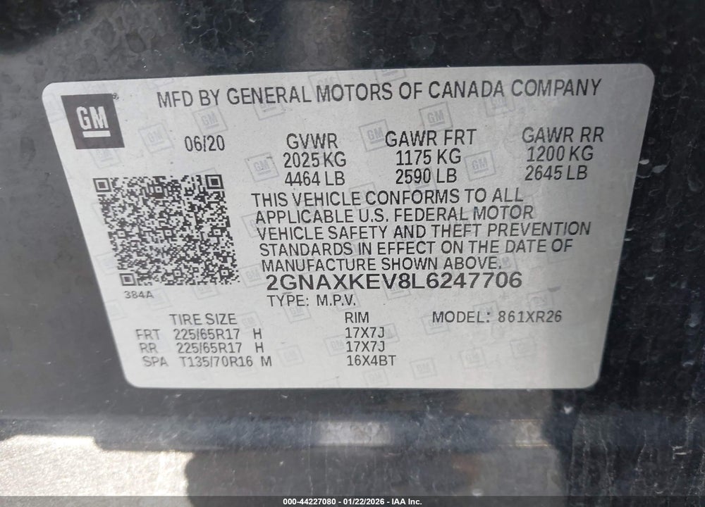 2020 CHEVROLET EQUINOX FWD LT 1.5L TURBO VIN: 2GNAXKEV8L6247706