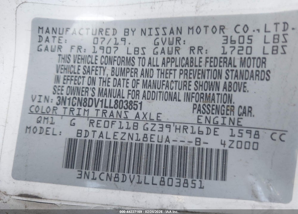 2020 NISSAN VERSA S XTRONIC CVT VIN: 3N1CN8DV1LL803851