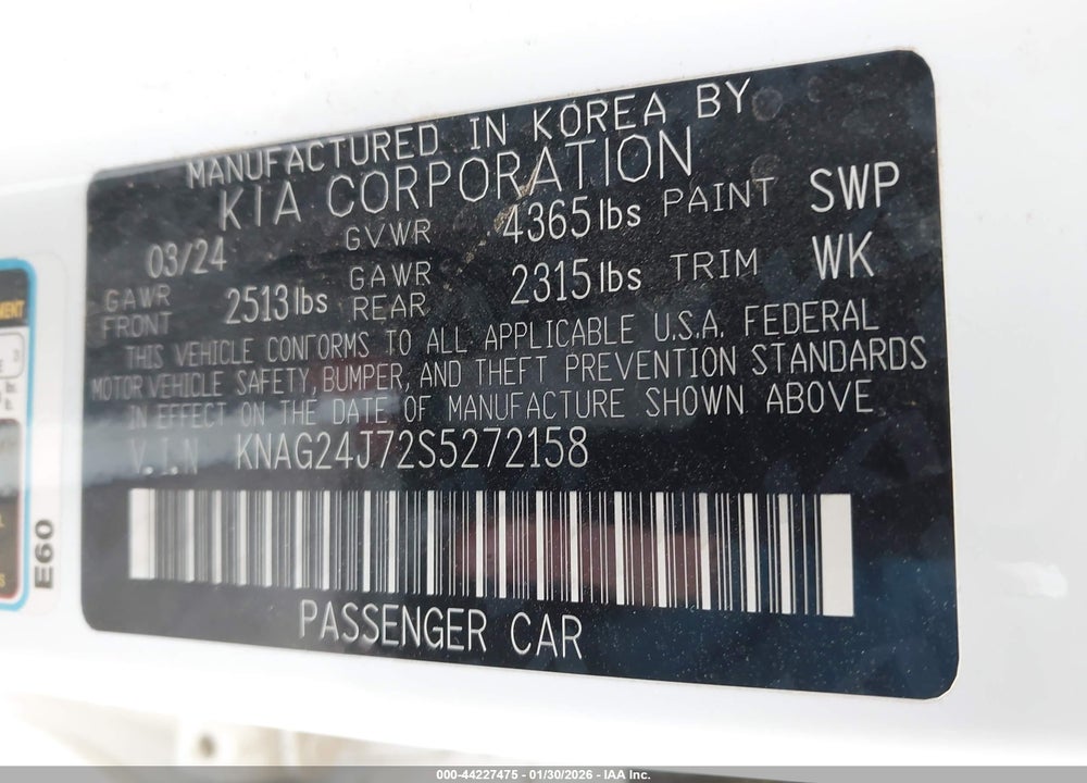 2025 KIA K5 LXS VIN: KNAG24J72S5272158