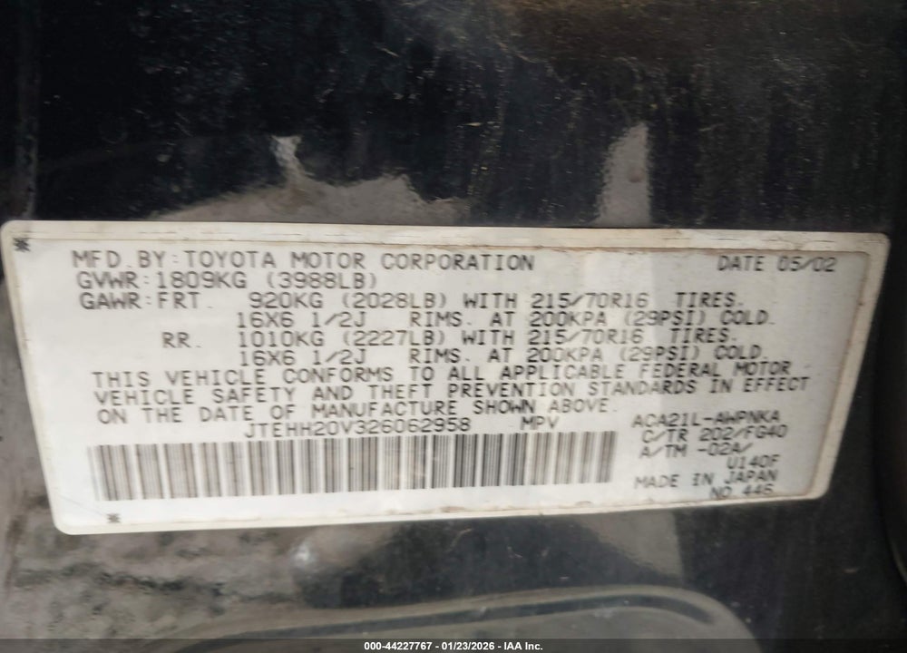 2002 TOYOTA RAV4 VIN: JTEHH20V326062958