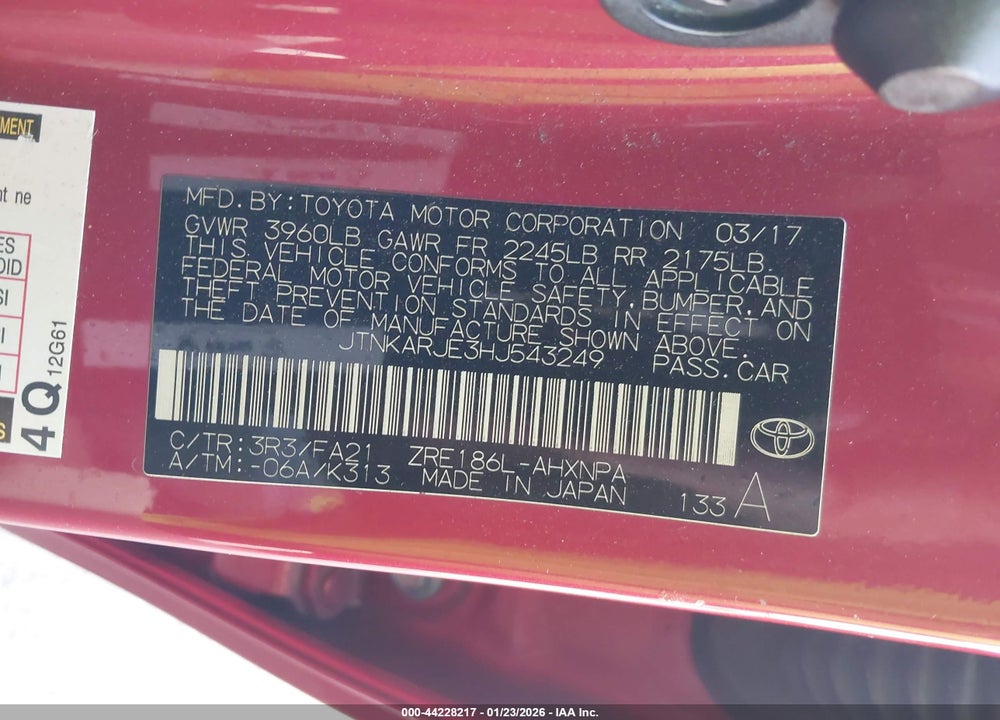 2017 TOYOTA COROLLA IM VIN: JTNKARJE3HJ543249