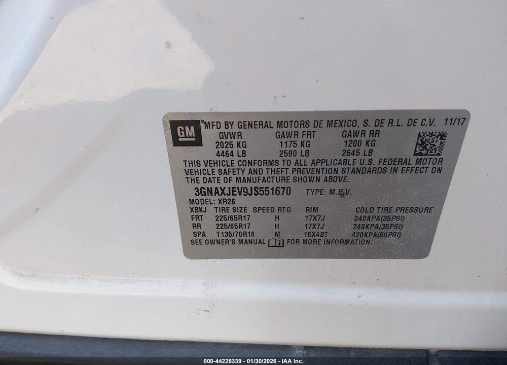 2018 CHEVROLET EQUINOX LT VIN: 3GNAXJEV9JS551670