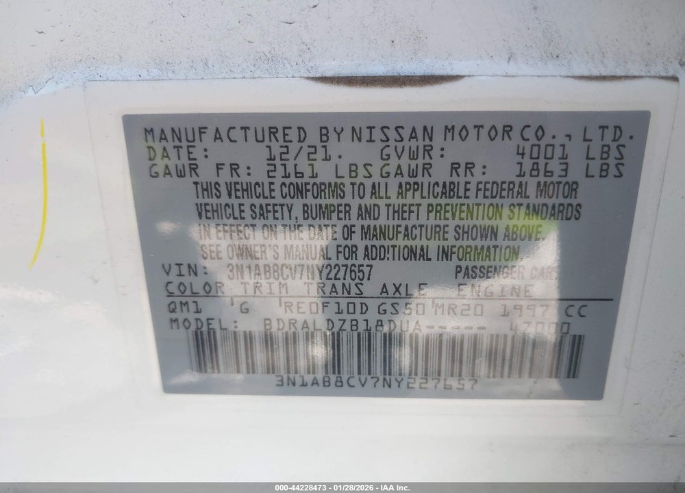 2022 NISSAN SENTRA SV XTRONIC CVT VIN: 3N1AB8CV7NY227657
