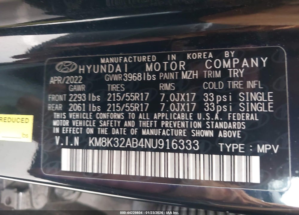 2022 HYUNDAI KONA SEL VIN: KM8K32AB4NU916333