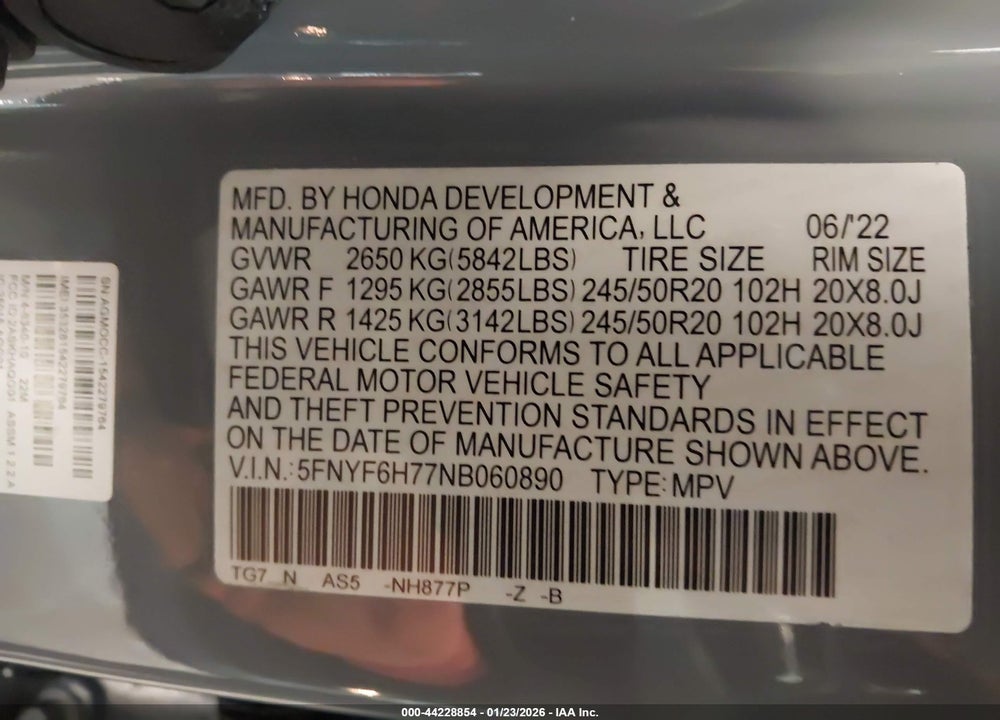 2022 HONDA PILOT AWD BLACK EDITION VIN: 5FNYF6H77NB060890