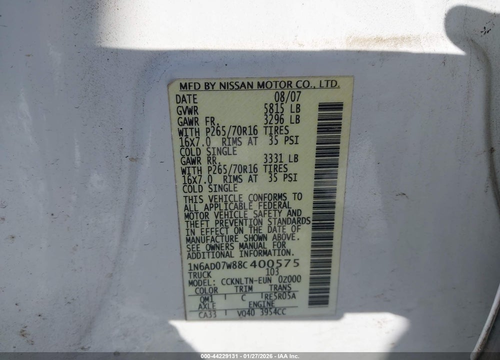 2008 NISSAN FRONTIER SE VIN: 1N6AD07W88C400575