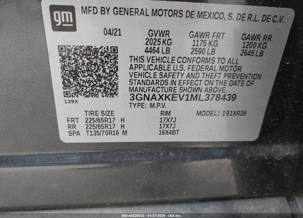 2021 CHEVROLET EQUINOX FWD LT VIN: 3GNAXKEV1ML378439