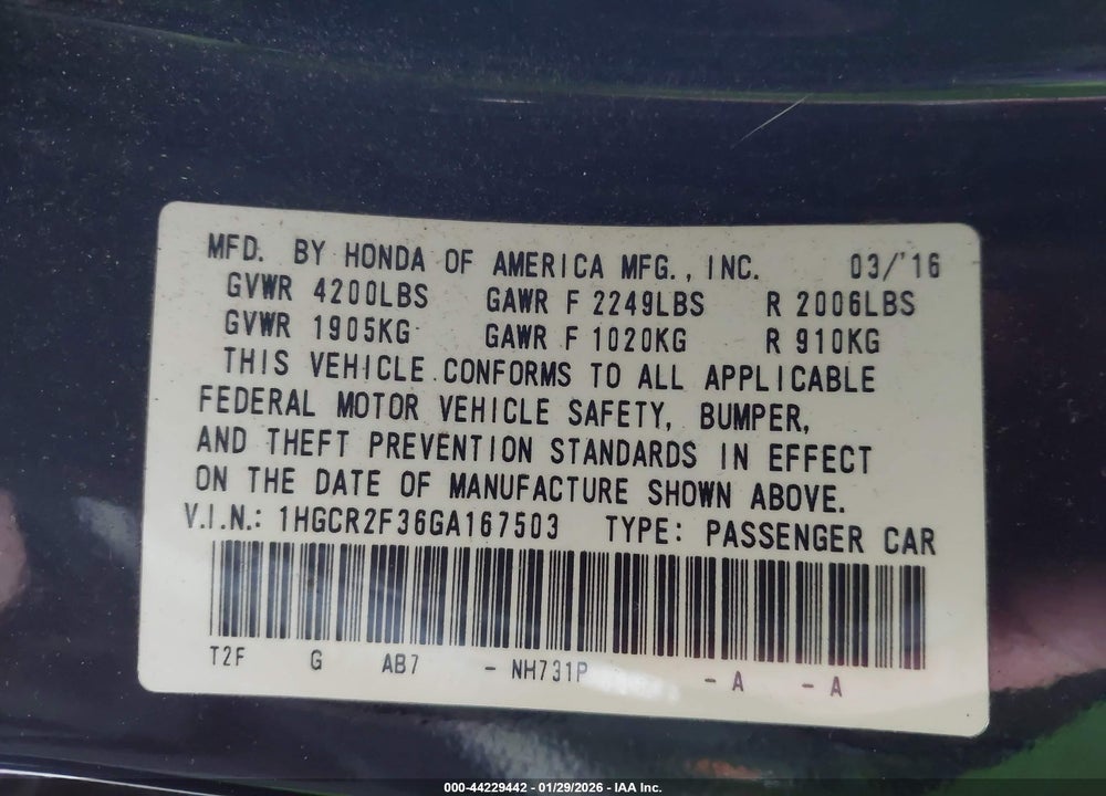 2016 HONDA ACCORD LX VIN: 1HGCR2F36GA167503