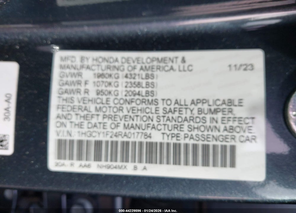 2024 HONDA ACCORD LX VIN: 1HGCY1F24RA017784