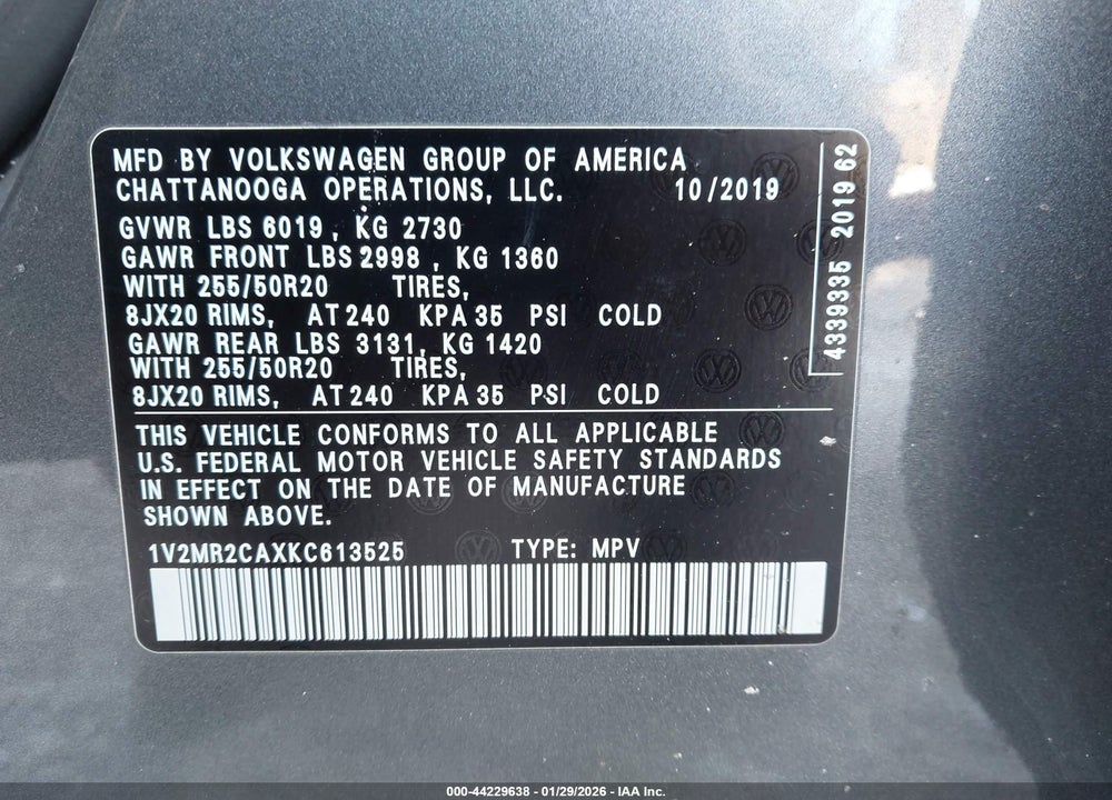 2019 VOLKSWAGEN ATLAS 3.6L V6 SEL VIN: 1V2MR2CAXKC613525