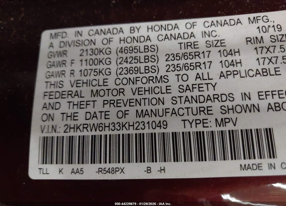 2019 HONDA CR-V LX VIN: 2HKRW6H33KH231049