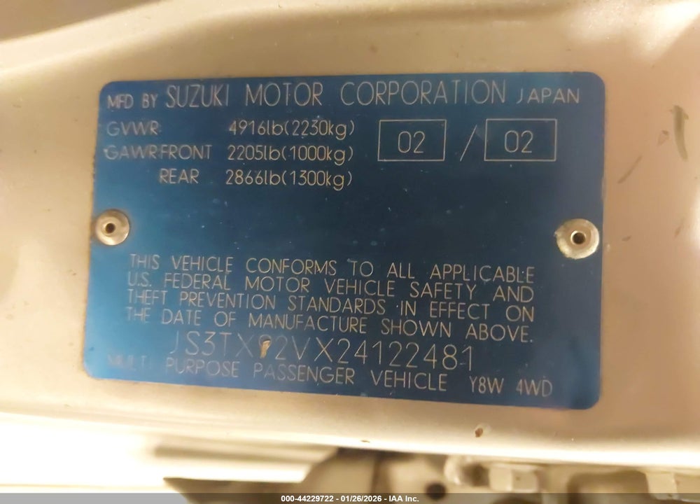 2002 SUZUKI XL-7 LIMITED/PLUS/STANDARD/TOURING VIN: JS3TX92VX24122481