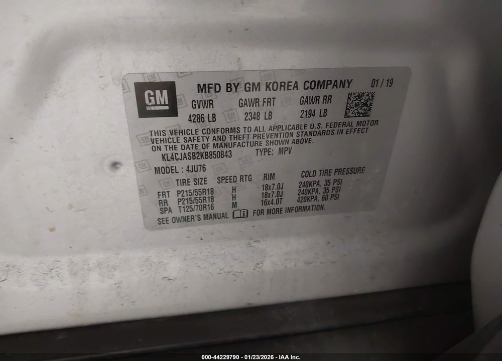 2019 BUICK ENCORE FWD PREFERRED VIN: KL4CJASB2KB850843