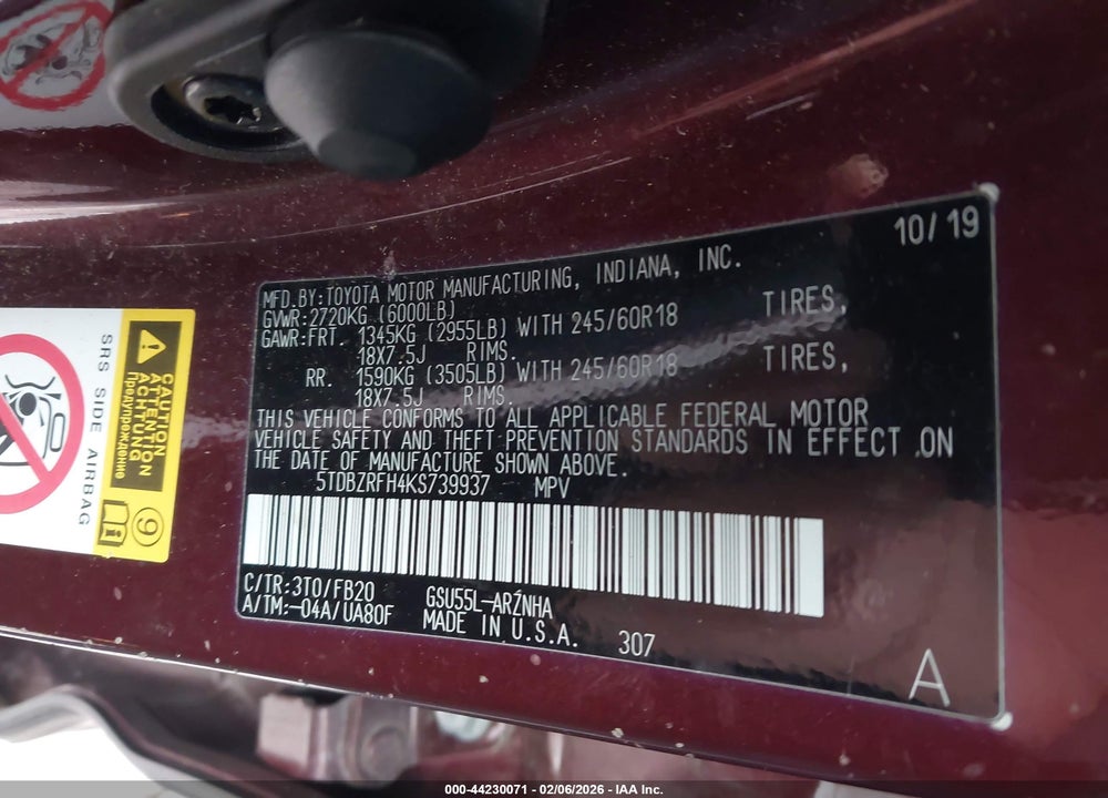 2019 TOYOTA HIGHLANDER LE VIN: 5TDBZRFH4KS739937