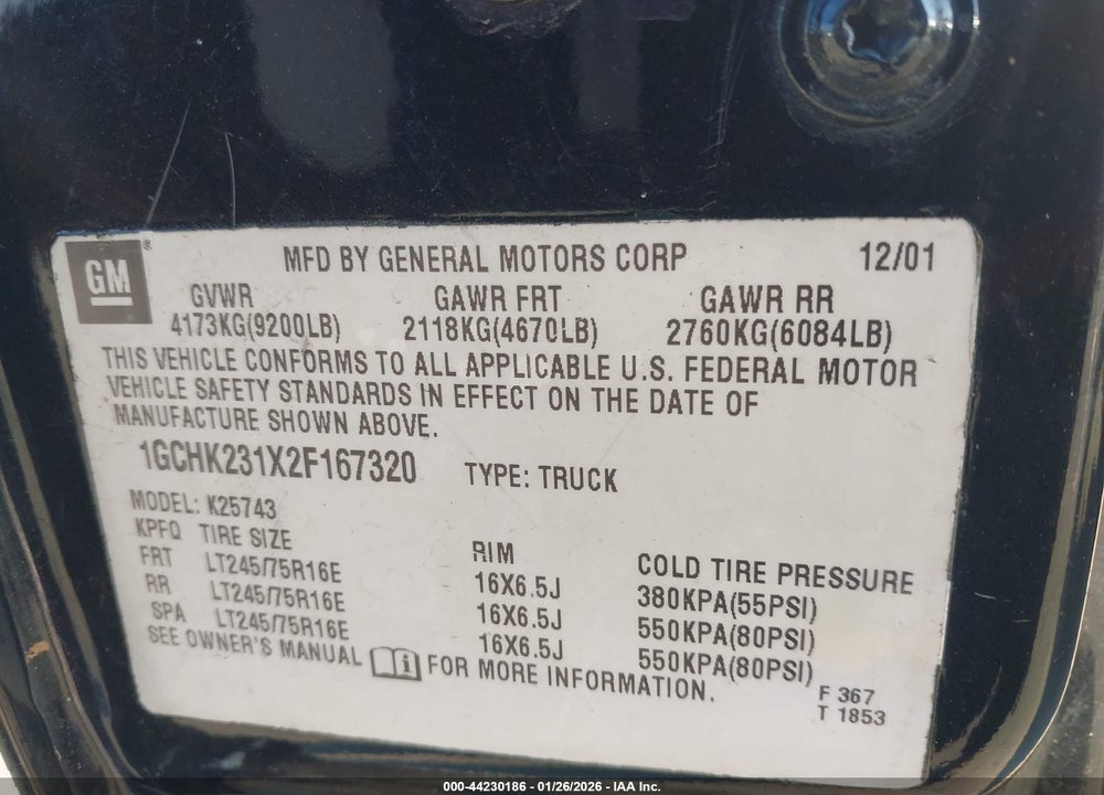 2002 CHEVROLET SILVERADO 2500HD LS VIN: 1GCHK231X2F167320