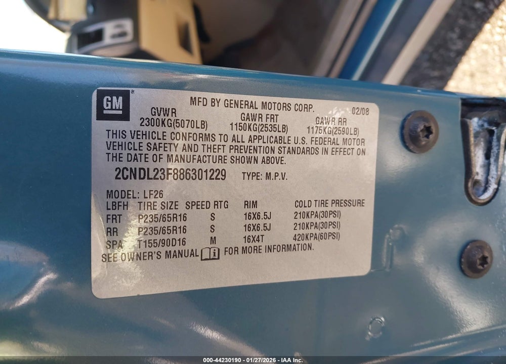 2008 CHEVROLET EQUINOX LS VIN: 2CNDL23F886301229