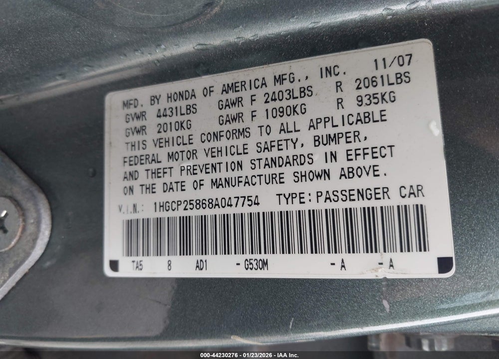 2008 HONDA ACCORD 2.4 EX-L VIN: 1HGCP25868A047754