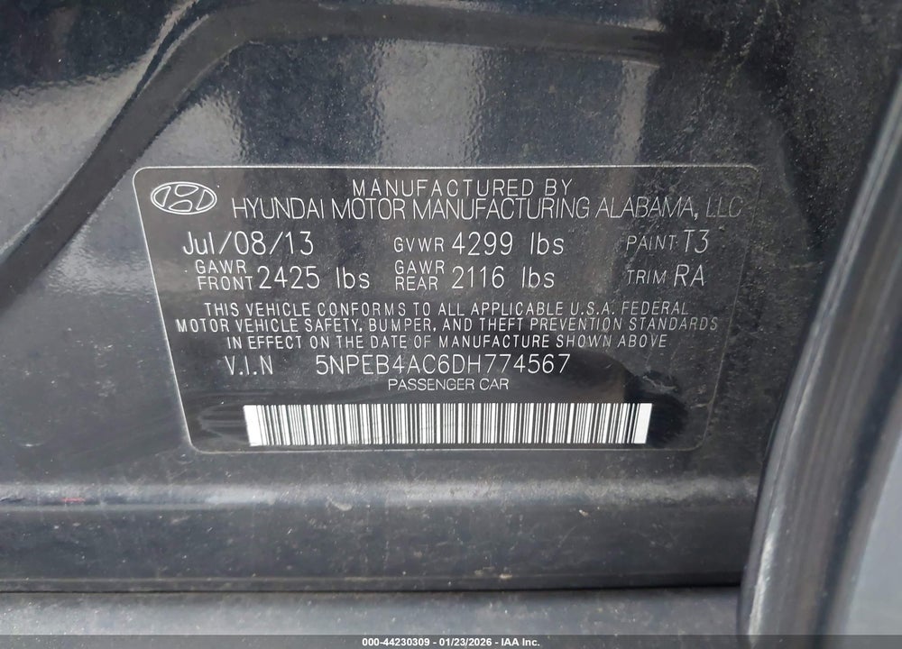 2013 HYUNDAI SONATA GLS VIN: 5NPEB4AC6DH774567