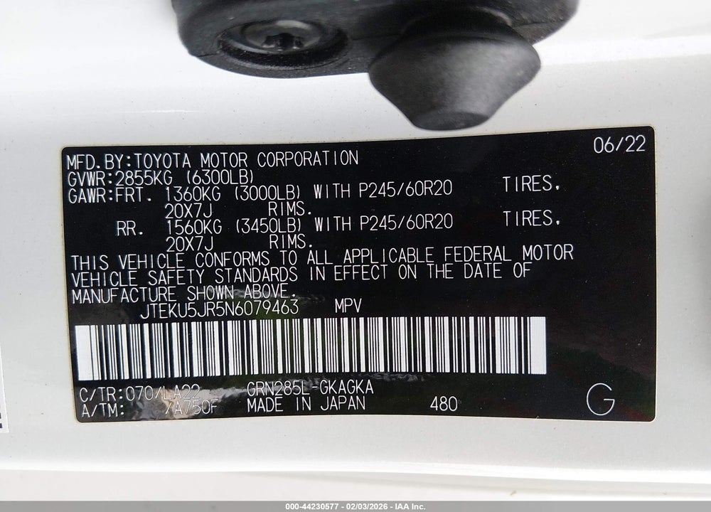 2022 TOYOTA 4RUNNER LIMITED VIN: JTEKU5JR5N6079463