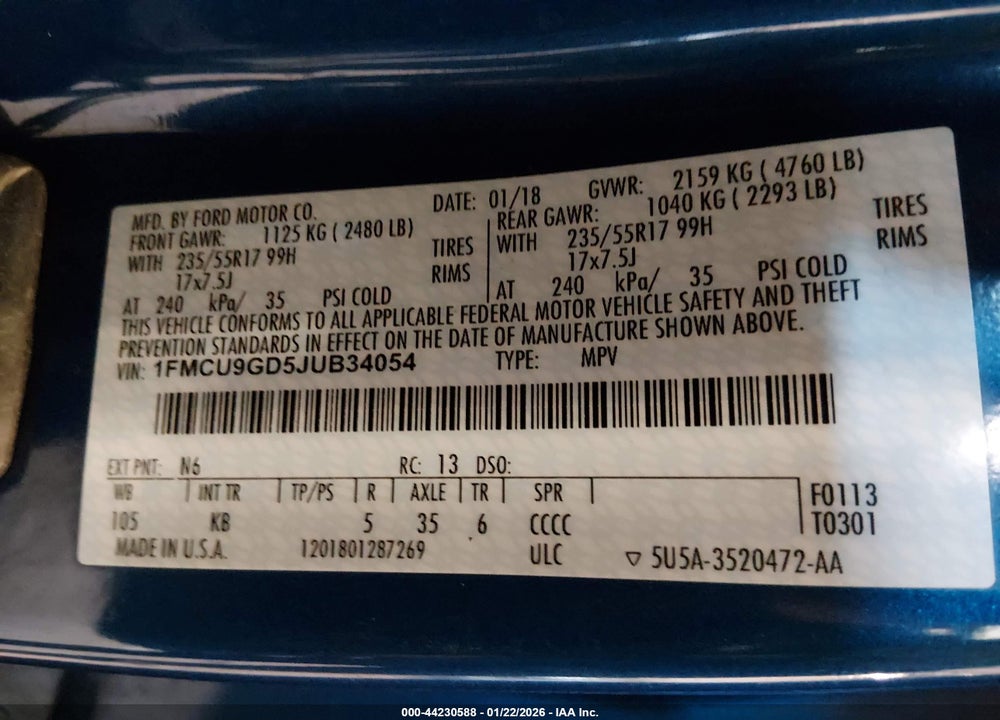 2018 FORD ESCAPE SE VIN: 1FMCU9GD5JUB34054