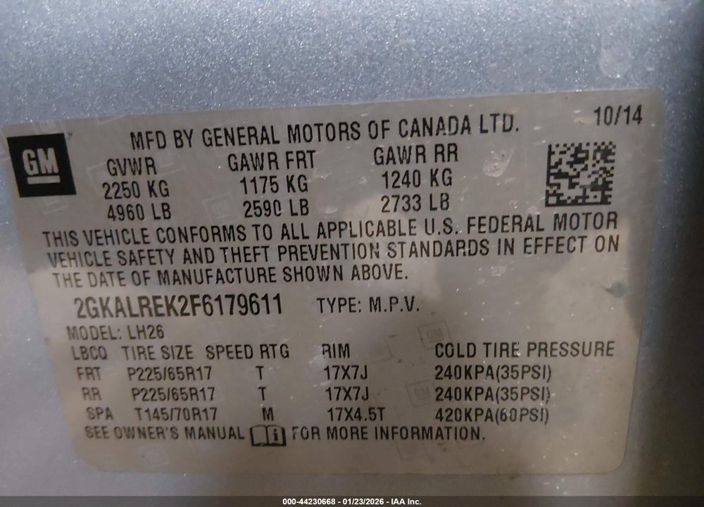 2015 GMC TERRAIN SLE-2 VIN: 2GKALREK2F6179611