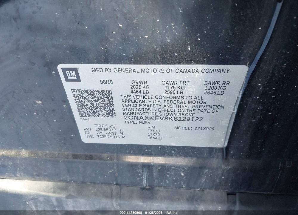 2019 CHEVROLET EQUINOX LT VIN: 2GNAXKEV8K6129122