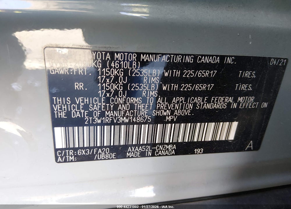 2021 TOYOTA RAV4 XLE VIN: 2T3W1RFV3MW148675