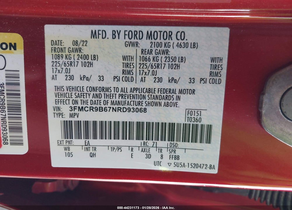 2022 FORD BRONCO SPORT BIG BEND VIN: 3FMCR9B67NRD93068