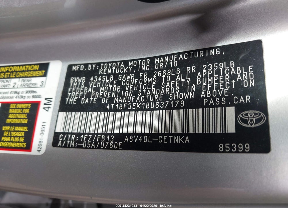 2011 TOYOTA CAMRY LE VIN: 4T1BF3EK1BU637179