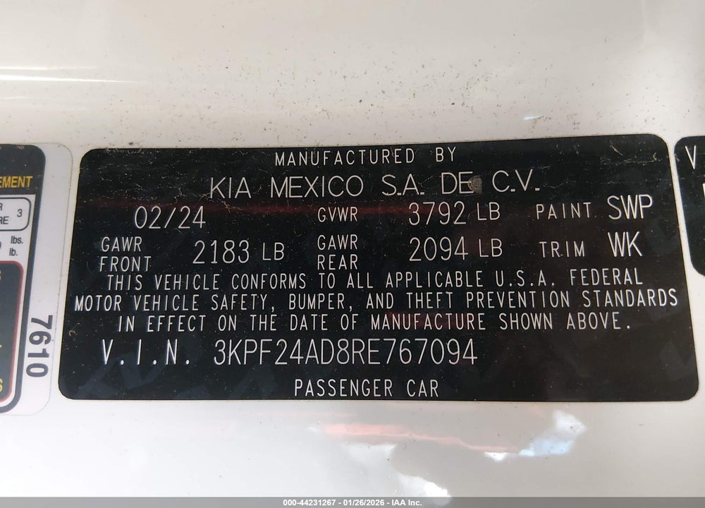 2024 KIA FORTE LXS VIN: 3KPF24AD8RE767094