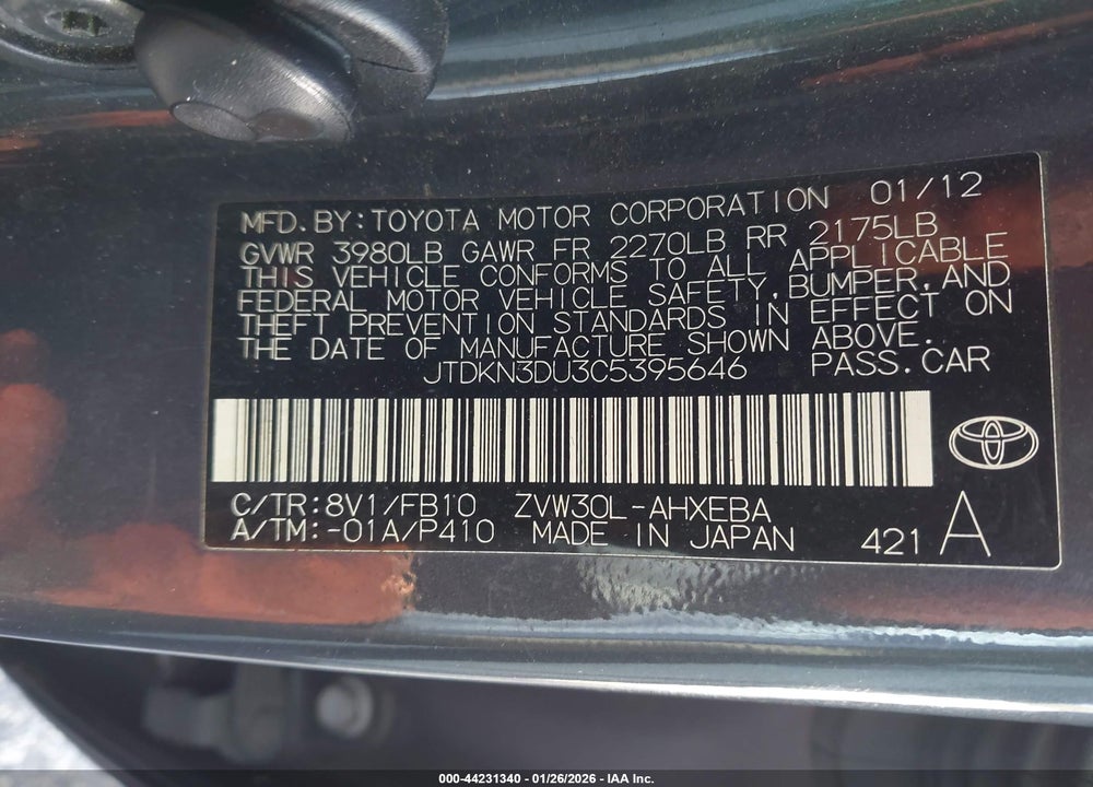 2012 TOYOTA PRIUS TWO VIN: JTDKN3DU3C5395646