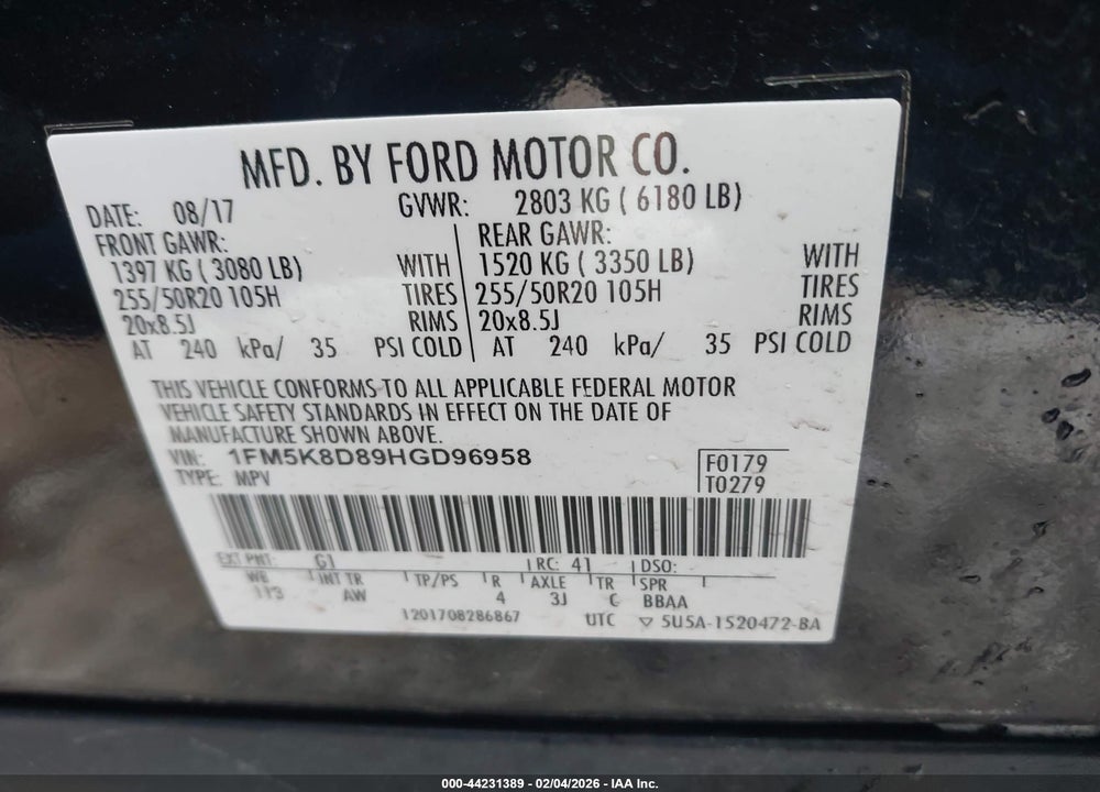 2017 FORD EXPLORER XLT VIN: 1FM5K8D89HGD96958