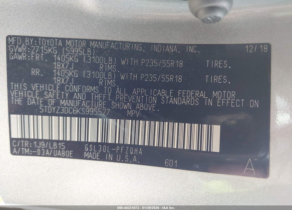 2019 TOYOTA SIENNA LIMITED PREMIUM 7 PASSENGER VIN: 5TDYZ3DC6KS995527