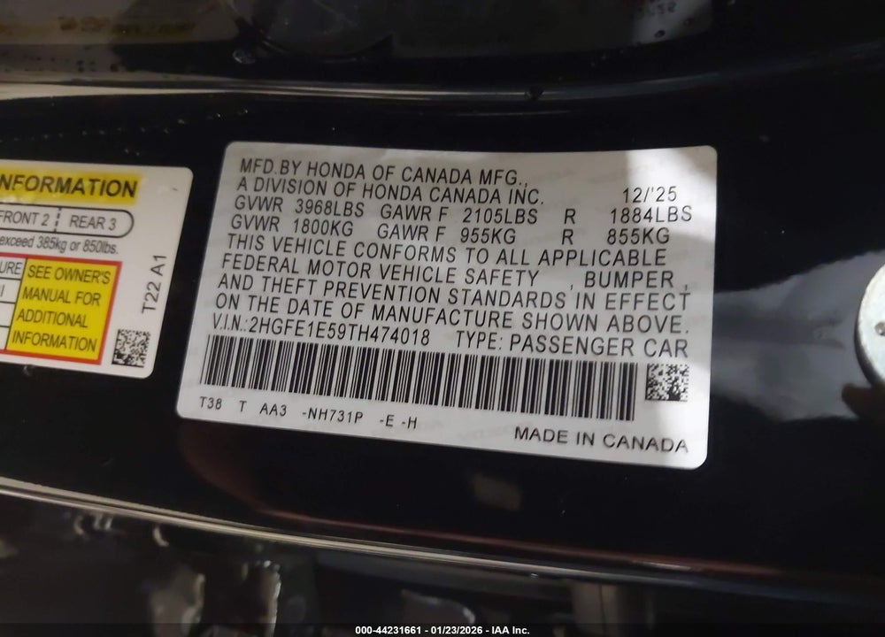 2026 HONDA CIVIC SI SEDAN VIN: 2HGFE1E59TH474018