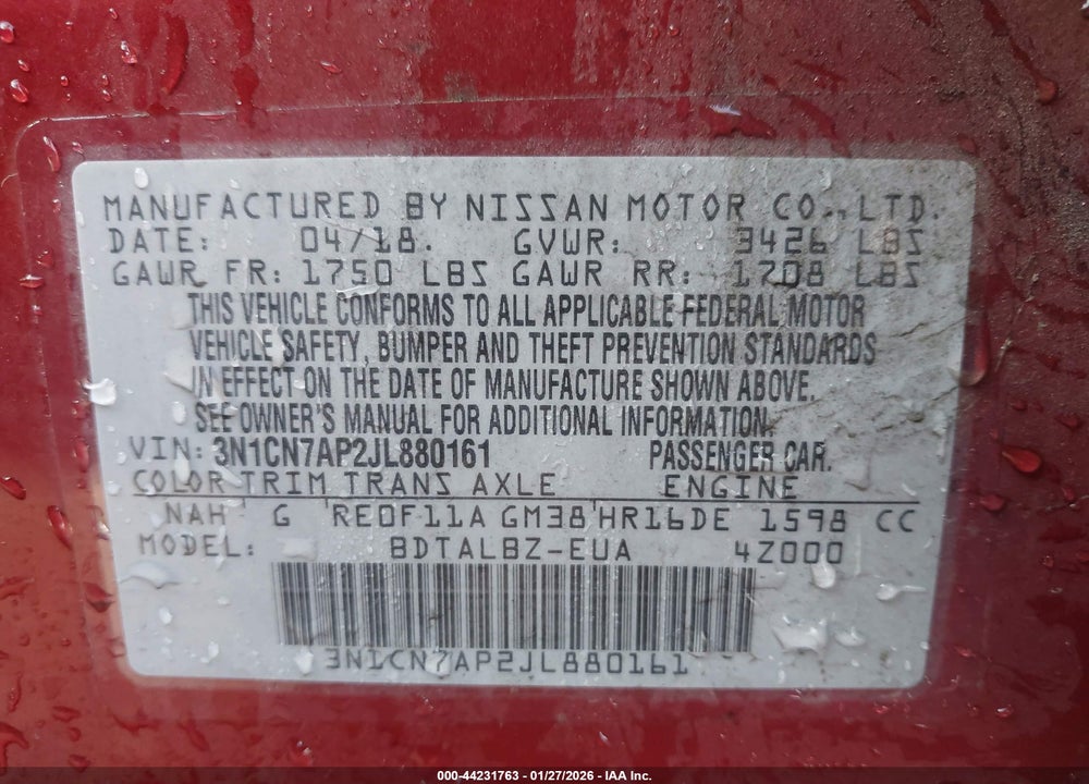 2018 NISSAN VERSA 1.6 SV VIN: 3N1CN7AP2JL880161
