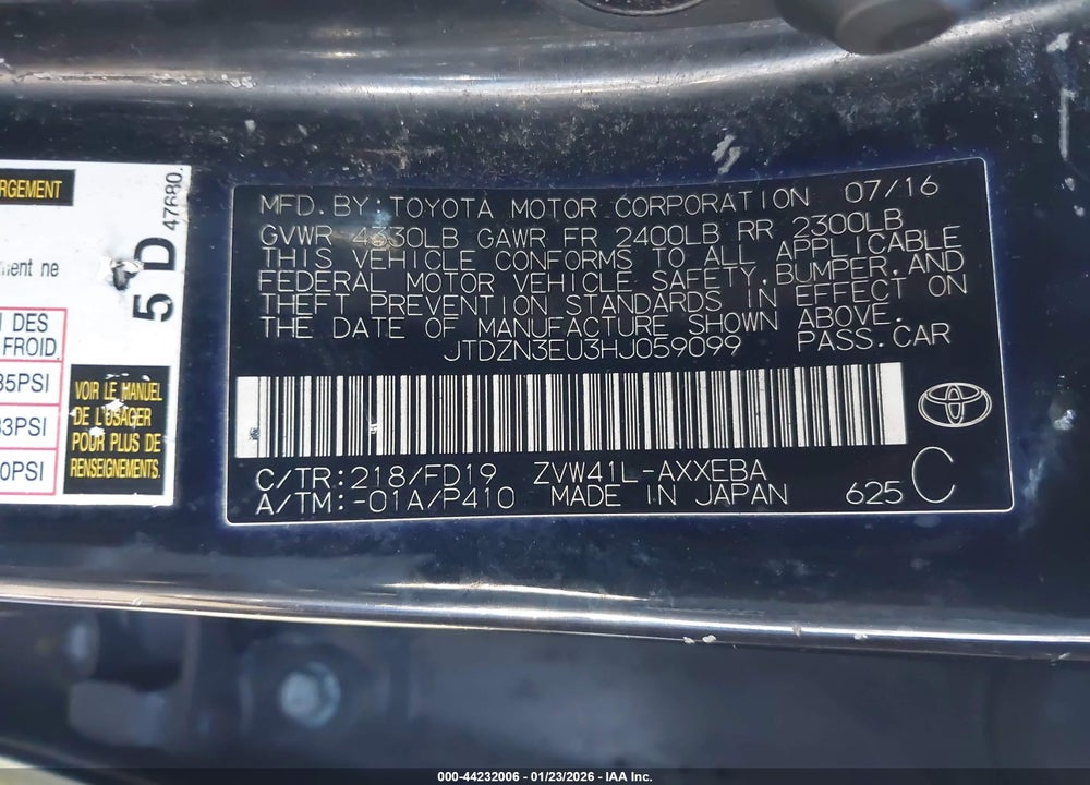 2017 TOYOTA PRIUS V TWO VIN: JTDZN3EU3HJ059099